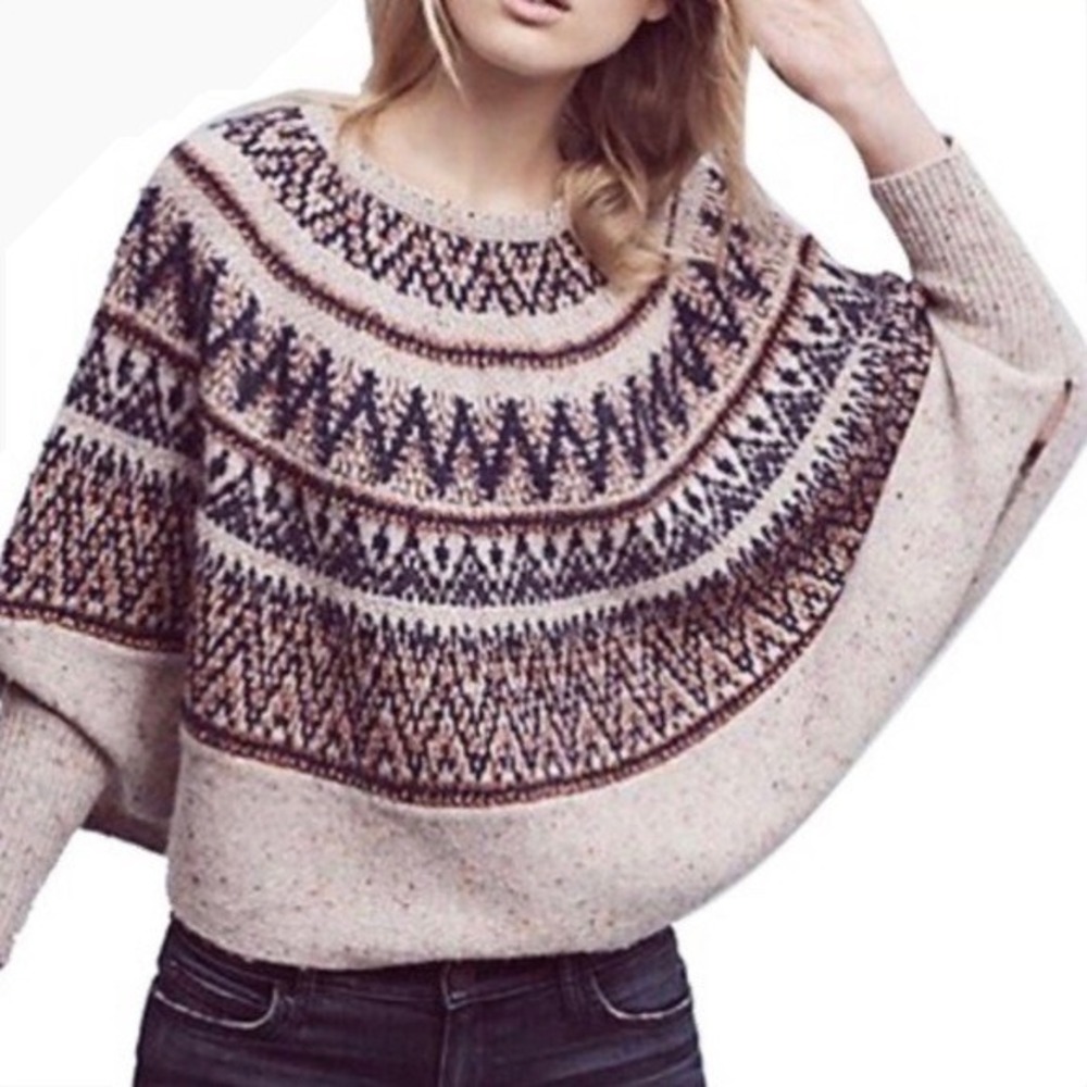 Anthropologie Sleeping On Snow Sweater Poncho Women Medium Beige Fair‎ Isle Wool